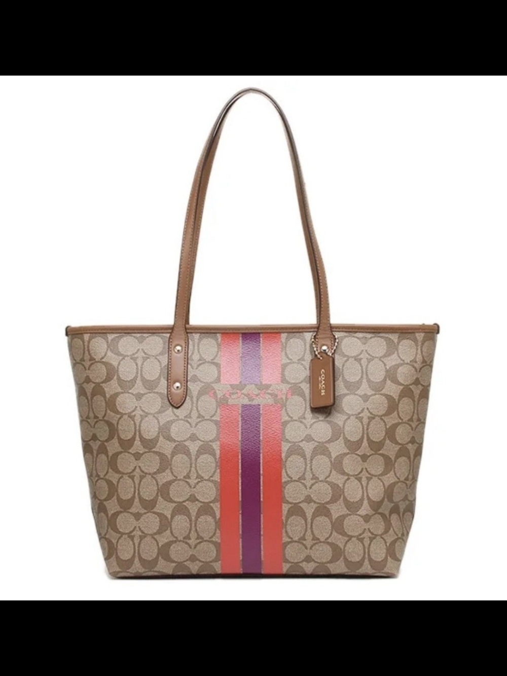Coach Tan Signature Canvas Tote with Pink and Red Stripe